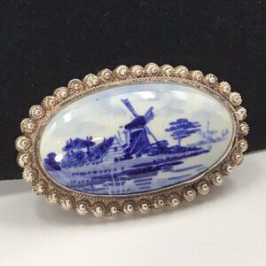 Sterling Silver Delft Brooch Vintage 2” X 1.25” 17.7g